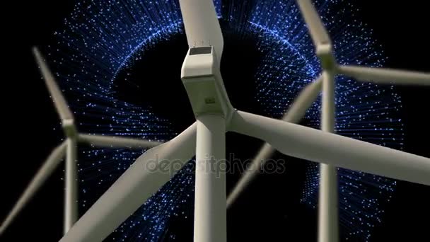 暗い背景に光る地球儀を回して風力タービン — ストック動画
