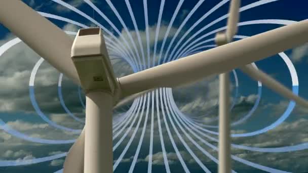 Windräder Drehen Sich Mit Video Effekten Auf Wolkenkratzer Hintergrund — Stockvideo