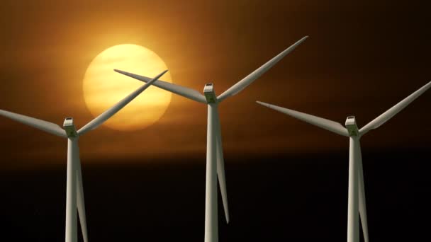 Turbinas Eólicas Girando Con Puesta Sol Sobre Fondo — Vídeo de stock