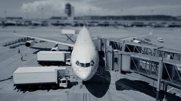 Flygplan Flygplan Stående Vid International Airport Terminal Redo För Flygning — Stockvideo