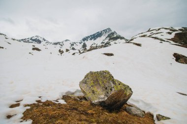 Taş kar arasında dağlarda yatıyor. Alp manzarası