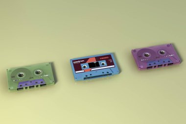 3d görüntüleme Eski ses bandı kompakt kaset sarı arkaplan üzerinde izole edilmiş Retro kaset teyp koleksiyonu üst görünüm