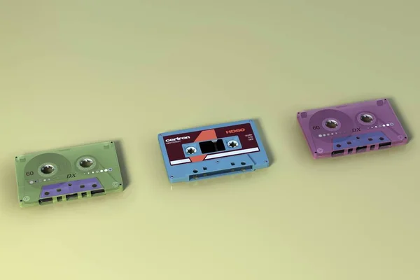 3d rendering Old audio tape compact cassette isolated on yellow background Retro cassette tape collection top view
