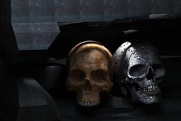 Representación 3D de cráneo viejo y cráneo negro con diamantes y dientes de plata — Foto de Stock