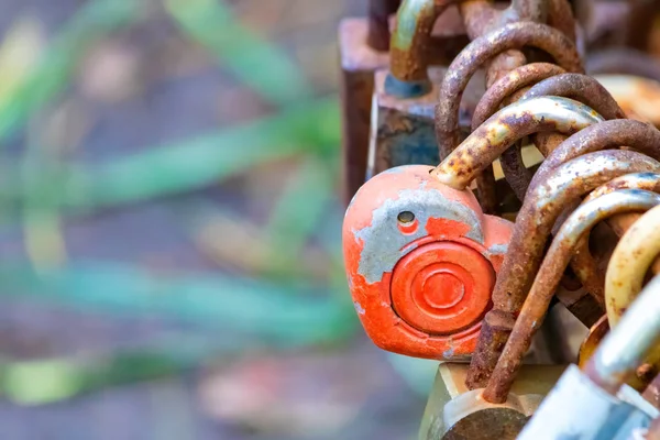 Group of old rusty locks closed during theier marriages as a symbol of eternal love and matrimonial promises.
