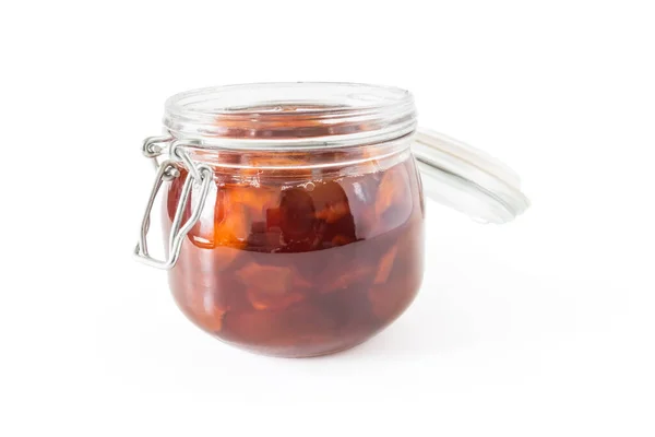 Jam Uit Appelschijfjes Een Glazen Pot Close Geïsoleerd Een Witte — Stockfoto