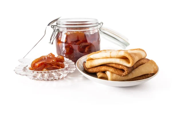 Marmelade Aus Apfelscheiben Einem Glas Nahaufnahme Pfannkuchen Und Ein Sockel — Stockfoto