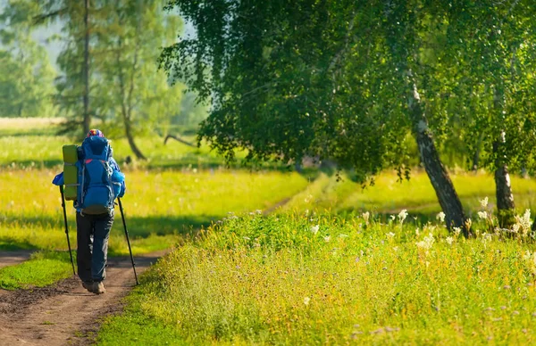 Caminante mujer con mochila caminando por un sendero forestal en las montañas en el fondo una cascada. Senderismo. Aventura en el bosque . —  Fotos de Stock