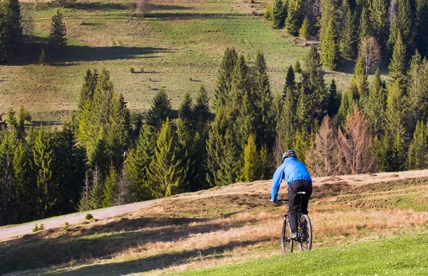 Mountainbike-åkaren på soliga ger rider på de böljande kullarna i gröna skogen — Stockfoto