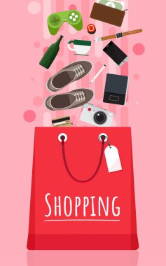 Moda, becerikli ve pembe bir arka plan üzerinde elbise alışveriş çantası