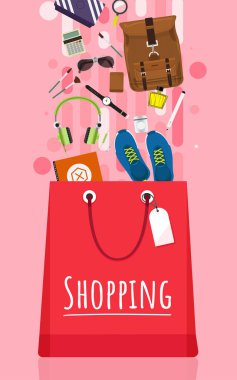 Moda, becerikli ve pembe bir arka plan üzerinde elbise alışveriş çantası