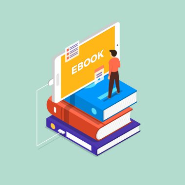 Düz tasarım kavramı ebook. Kitap ve mobil devi adam kürsüye