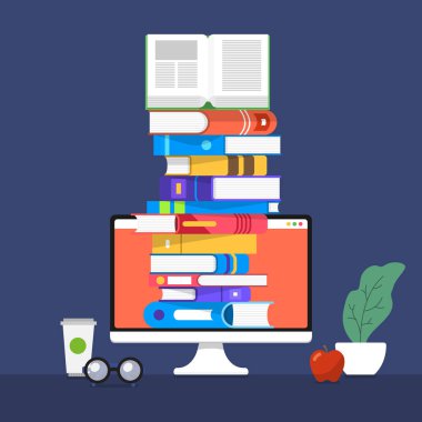 Düz tasarım kavramı kitaplar. Eğitim ve öğrenme bir kitap ile. 