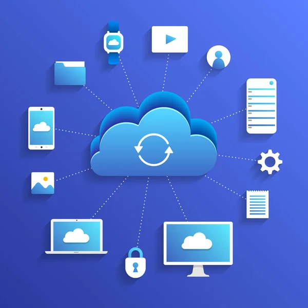 Concetto di design piatto tecnologia cloud computing utenti rete con — Vettoriale Stock