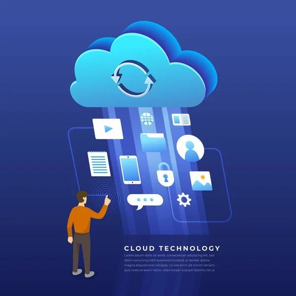 Concetto di design piatto tecnologia cloud computing utenti rete con — Vettoriale Stock