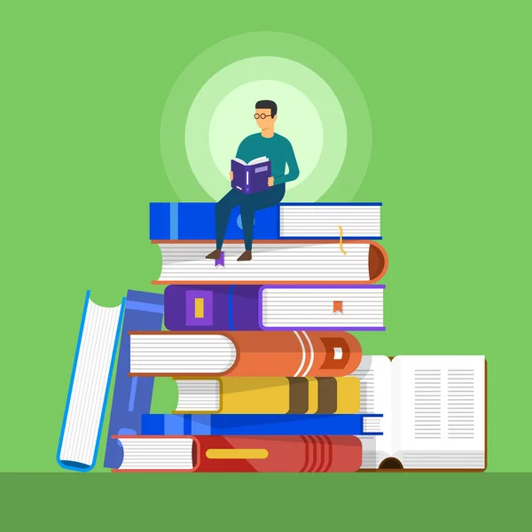 Flat design concept books. a man sit on a book for education and — Stock Vector