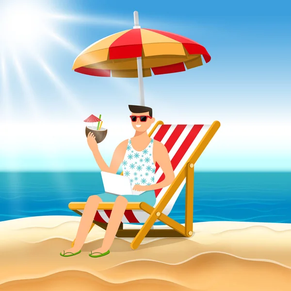 Illustration cartoon concept man relax on the beach. Vector illu — Stock Vector