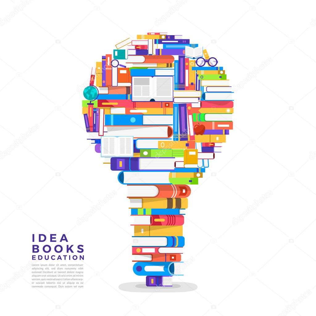 Stack of books formed in light bulb, idea icon