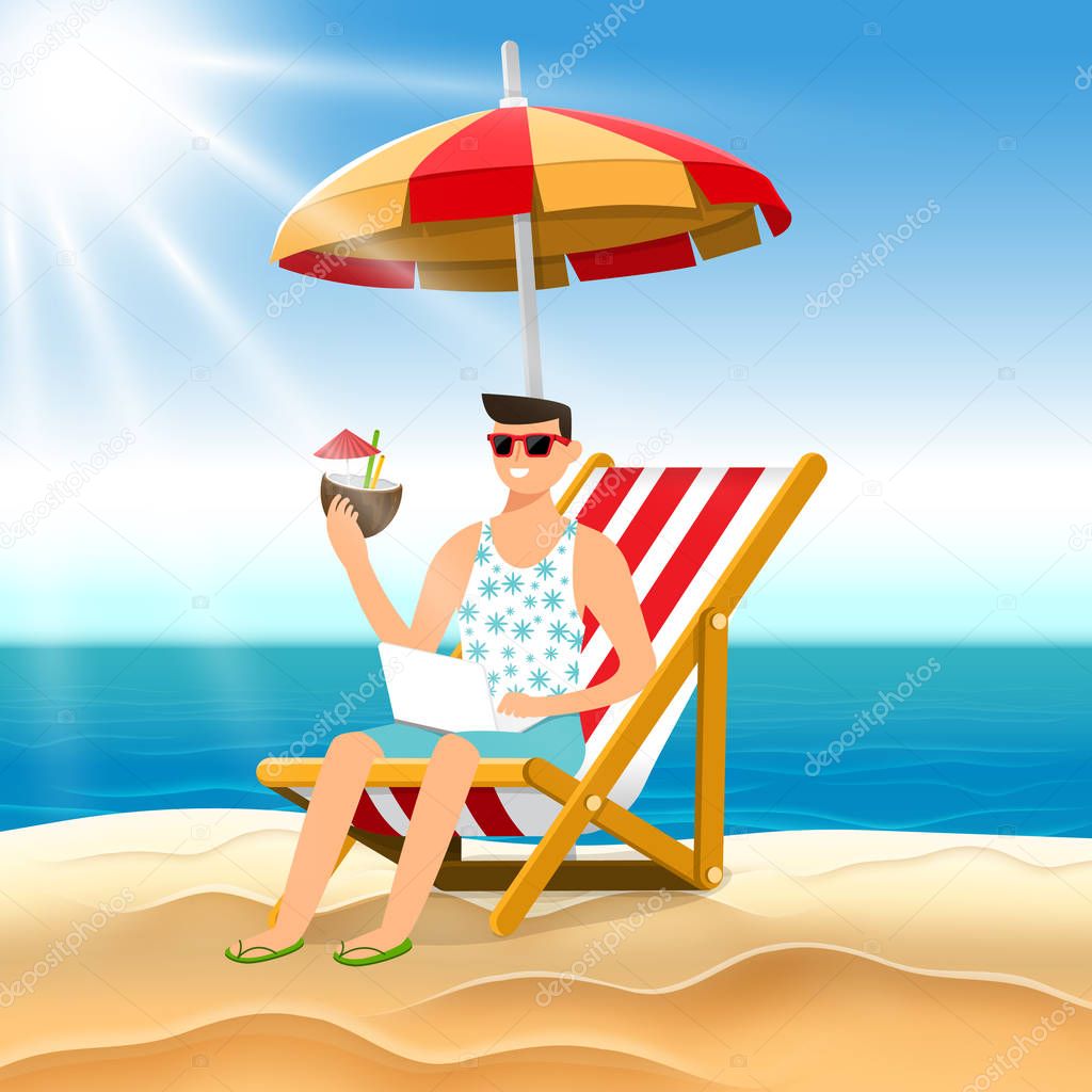 Illustration cartoon concept man relax on the beach. Vector illu