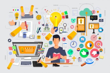 İşlem başlangıç fikir, pazarlama düz tasarım kavramı içerik t