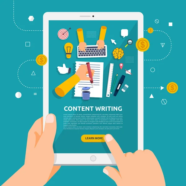 Concetto di design piatto imparare a scrivere contenuti online con — Vettoriale Stock