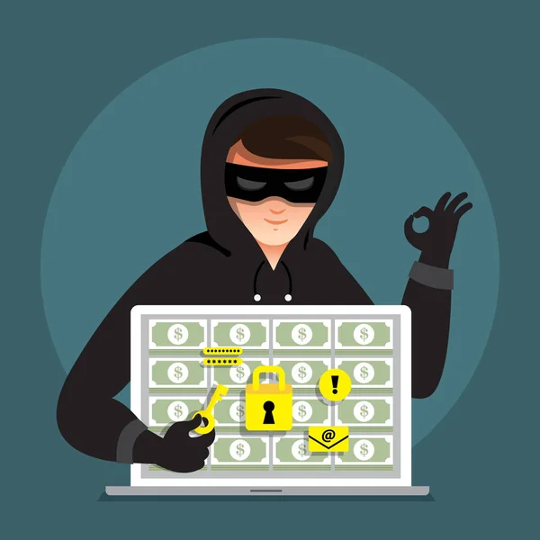 Diseño plano concepto hacker actividad cyber ladrón en internet devi — Vector de stock