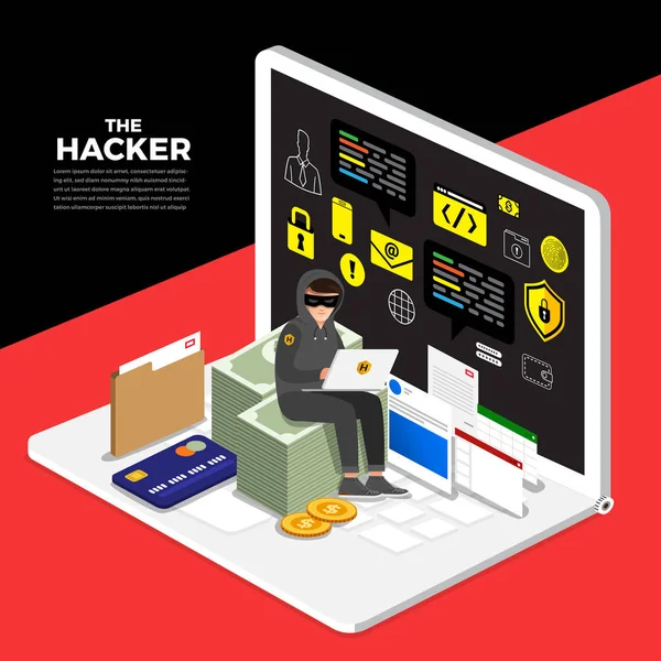 Flat design concept hacker activity cyber thief on internet devi — Stock Vector