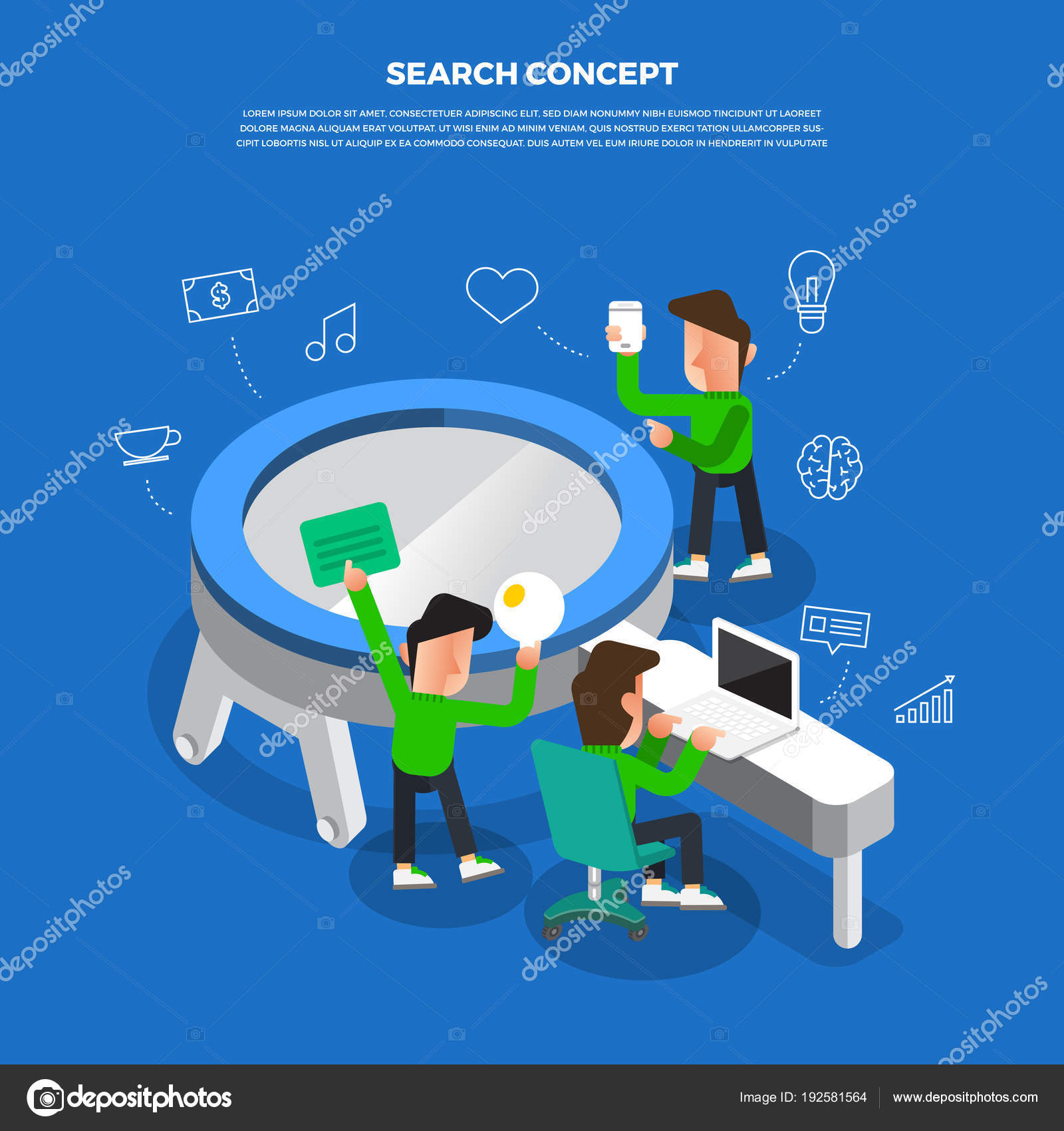 Flat Design Concept Brainstorm Working On Desktop Icon Search Flat Design Concept Brainstorm Working On Desktop Icon Search Stock Vector