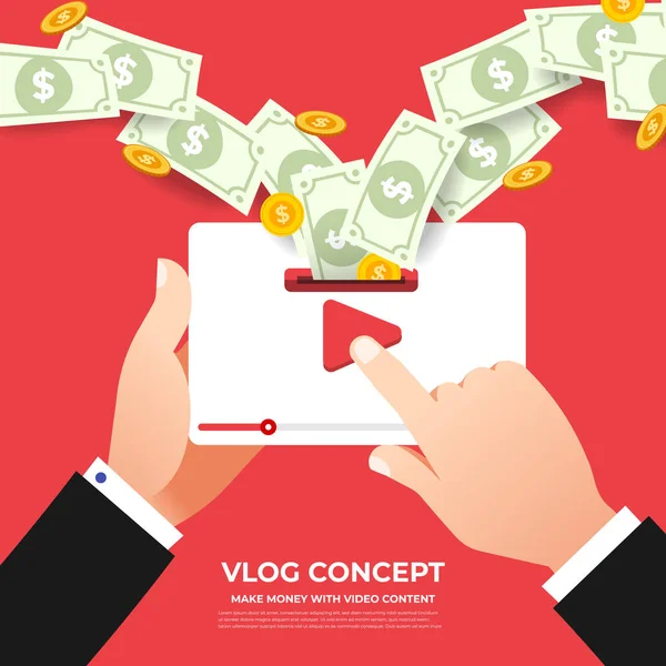 Platt design vlog koncept. Skapa videoinnehåll och tjäna pengar. V — Stock vektor