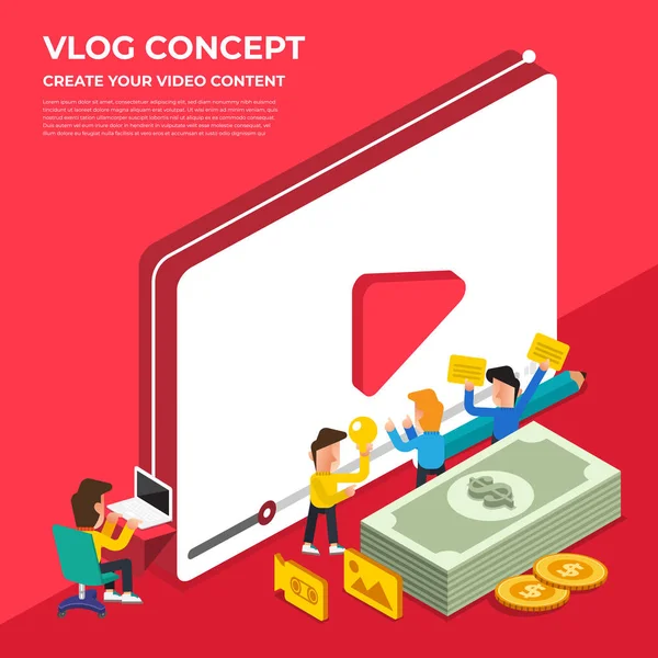 Conceito de vlog de design plano. Crie conteúdo em vídeo e ganhe dinheiro. V — Vetor de Stock