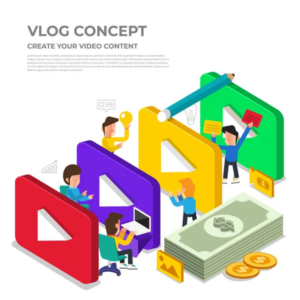 Concepto de diseño plano vlog. Crear contenido de vídeo y ganar dinero. V. — Archivo Imágenes Vectoriales