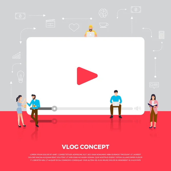 Lapos design koncepció vlog. Csapat kialakítása csatorna video on-line. Vec — Stock Vector