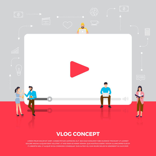 Flat design concept vlog. Team develop channel video online. Vec