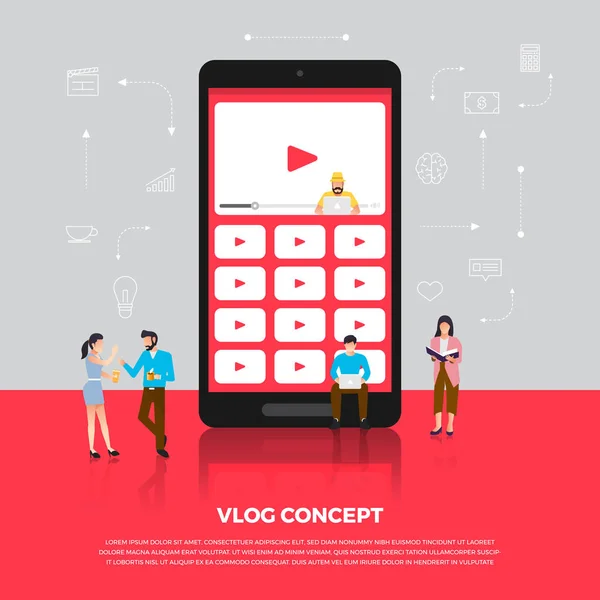 Conceito de design plano vlog. Equipe desenvolver vídeo canal online. Vec —  Vetores de Stock