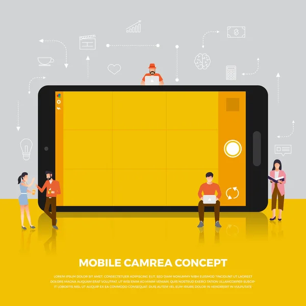 Επίπεδη σχεδίαση έννοια κάμερα κινητού. Ομάδα άνθρωποι αναπτύσσουν εικονίδιο cam — Διανυσματικό Αρχείο