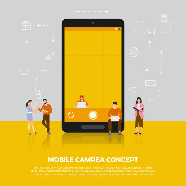 Conception plate caméra concept mobile. Les gens de groupe développent icône cam — Image vectorielle
