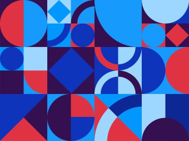 Çizimler konsepti, soyut geometrik şekiller düzenleyerek insanların takım çalışması projesini birlikte tasarlıyor. Modern düz çizgi film vektör çizimi. - Vektör.