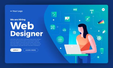 Düz tasarım konsepti için web tasarımcısı tutuyoruz. Web tasarımcılarını işe almak için sayfa şablonu tasarımı indiriliyor. Vektör illüstrasyonları.
