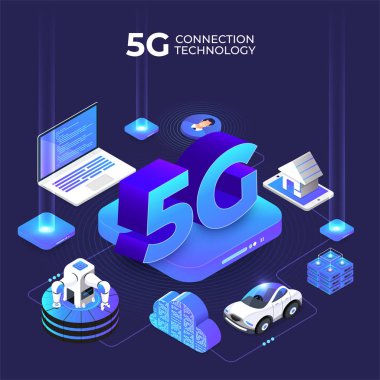 Çizimler konsept tasarım ağı 5G teknolojisi. Soyut arkaplanda tipografi 5g. Vektör illüstrasyonu.