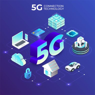Çizimler konsept tasarım ağı 5G teknolojisi. Soyut arkaplanda tipografi 5g. Vektör illüstrasyonu.