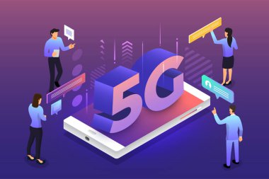 Çizimler konsept tasarım ağı 5G teknolojisi. Soyut arkaplanda tipografi 5g. Vektör illüstrasyonu.