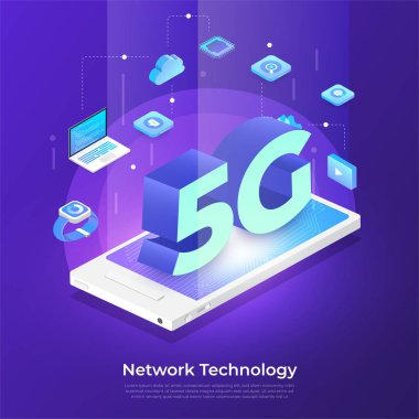 Çizimler konsept tasarım ağı 5G teknolojisi. Soyut arkaplanda tipografi 5g. Vektör illüstrasyonu.