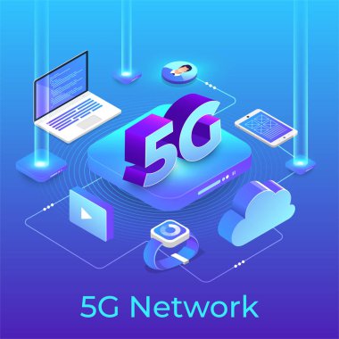 Çizimler konsept tasarım ağı 5G teknolojisi. Soyut arkaplanda tipografi 5g. Vektör illüstrasyonu.