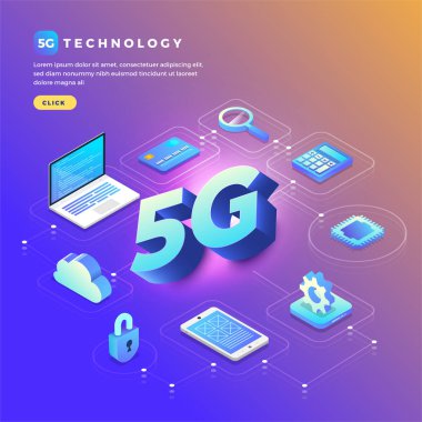 Çizimler konsept tasarım ağı 5G teknolojisi. Soyut arkaplanda tipografi 5g. Vektör illüstrasyonu.