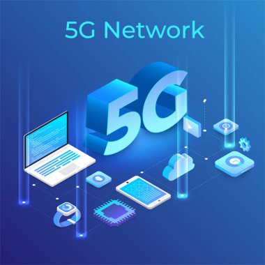 Çizimler konsept tasarım ağı 5G teknolojisi. Soyut arkaplanda tipografi 5g. Vektör illüstrasyonu.
