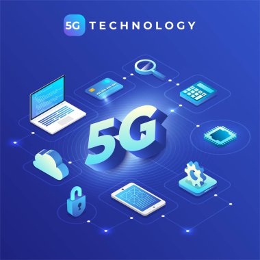 Çizimler konsept tasarım ağı 5G teknolojisi. Soyut arkaplanda tipografi 5g. Vektör illüstrasyonu.