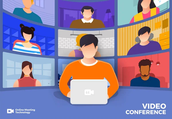 Ilustrações Conceito Design Plano Videoconferência Site Landing Page Reunião Line —  Vetores de Stock