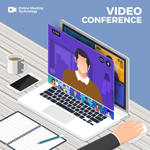 Illusztrációk Lapos Design Koncepció Videó Konferencia Leszállóoldal Honlapja Online Találkozó — Stock Vector