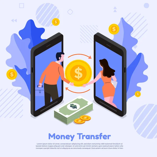 Illustration Flat Design Concept Mobile Paiement Transfert Argent — Image vectorielle