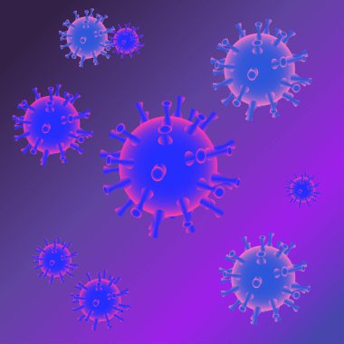 Mavi arkaplandaki bir grup koronavirüs mikrobunun vektör görüntüsü.